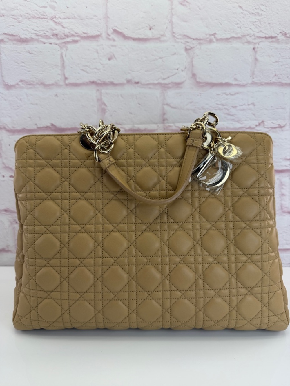 Christian Dior Tan Lambskin Soft Lady Cannage Quilted Chain Tote - Picture 2 of 16